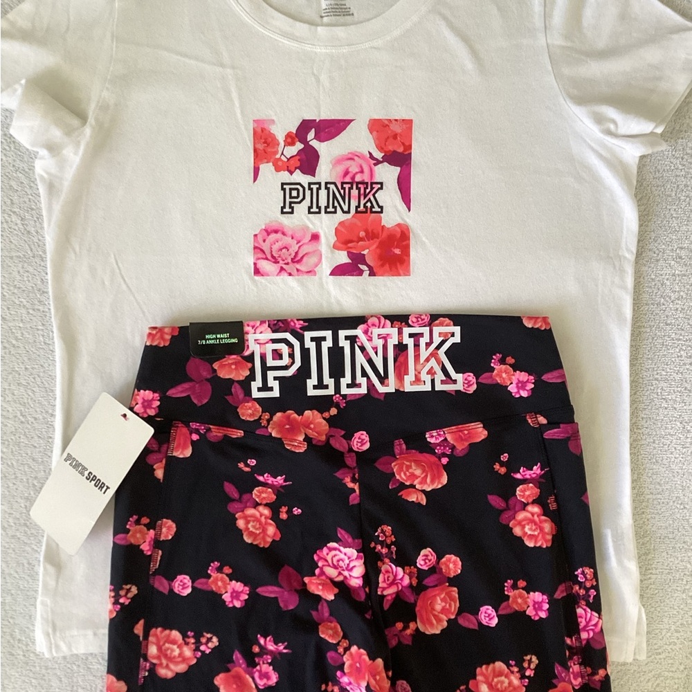 Victoria’s Secret PINK Roses Floral Shirt Ankle Length Leggings Set L NWT